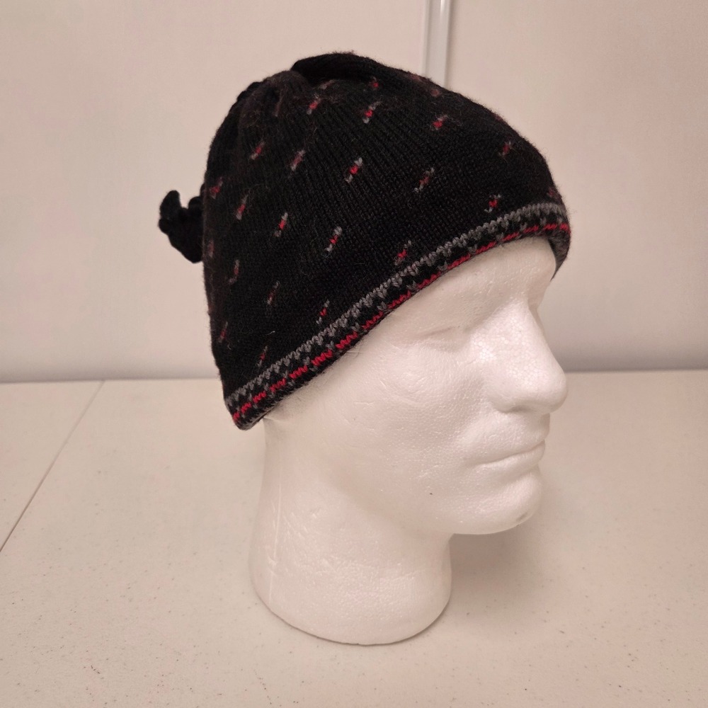 Turtle Fur Black Wool Knit Beanie Hat Fleece Lined Red Grey Tassel Accent